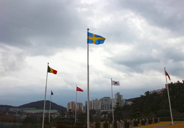 Флаг Швеции развевается в воздухе мемориального кладбища ООН в Пусане, Южная Корея, Азия — стоковое фото