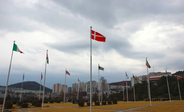 Дания, Размахивание флагом в воздухе мемориального кладбища ООН в Пусане, Южная Корея, Азия — стоковое фото