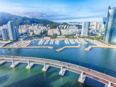 Haeundae Suyeong Bay Yatçılık Merkezi Havadan Görünümü, Busan, Güney Kore, Asya