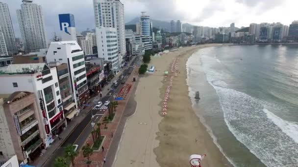 Gwangalli Beach Bulutlu Yaz Sabahı Aeril Görünümü Busan Güney Kore — Stok video