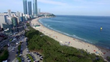 Sunny Summer Haeundae Beach Havadan Görünümü, Busan, Güney Kore, Asya