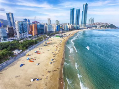 Sunny Summer Haeundae Beach Havadan Görünümü, Busan, Güney Kore, Asya
