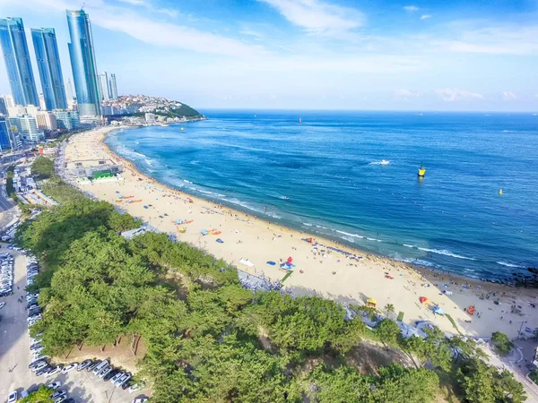 Aerial View of Sunny Summer Haeundae Beach, Busan, South Korea, Asia
