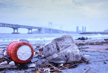 Çevre kirliliği yazım hatası sonra gwangalli plajda görünür, Busan, Güney Kore, Asya