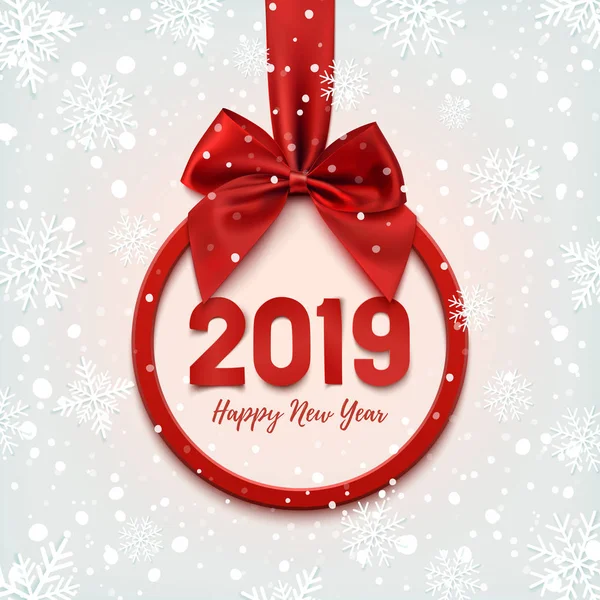 Šťastný nový rok 2019 kolo banner s červenou stužkou. — Stockový vektor
