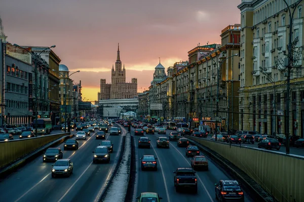 Jardín Circunvalación Carretera Noche Tráfico Puesta Del Sol Moscú Rusia — Foto de Stock