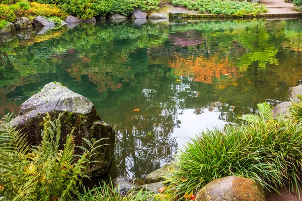黄色やオレンジ色のカエデの葉とカイザースラウテルンの日本庭園で水に反射します ドイツの自然美 — ストック写真