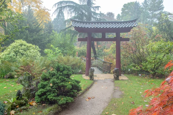 Lebverkusen的日本花园内木桥的红门 德国花园的奇景 Idyllic Foggy Autum — 图库照片