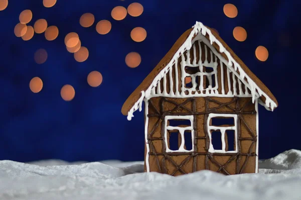 Home Made Gingerbread House Bokeh Sky Out Blue Velvet Christmas — Stock Photo, Image