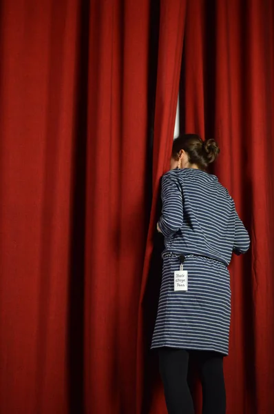 Woman Backstage Pass Looking Red Curtains Stage Stock Image