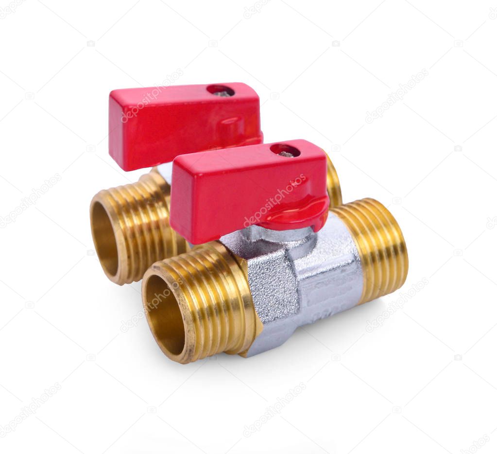 A metal ball valve with a red handle isolated on a white background.