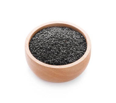 Susam (Sesamum indicum) üzerinde beyaz izole Ahşap daire