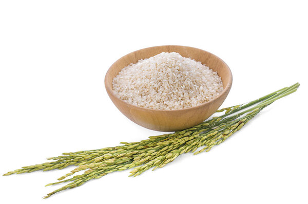 Japanese rice in a wooden bowl on a white background