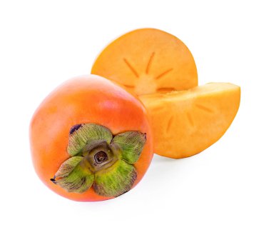 Tropikal meyve Trabzon hurması. Kaki beyaz arka plan üzerinde yaprakları ile. 