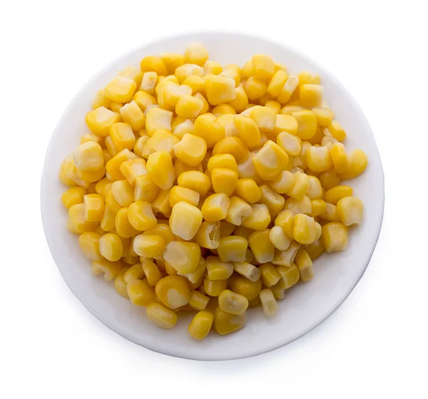 玉米在一个白色的盘子查出在白色 顶视图 — 图库照片