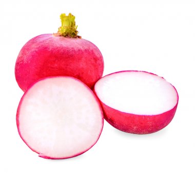 Beyaz arkaplanda taze turp izole edilmiş.