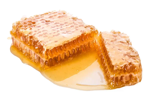 Yellow Honeycomb slice closeup isolated on white background Stock Picture