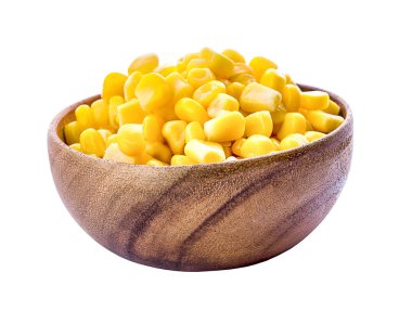 Tahta kasedeki mısır tohumları beyaz arka planda izole edilmiş.