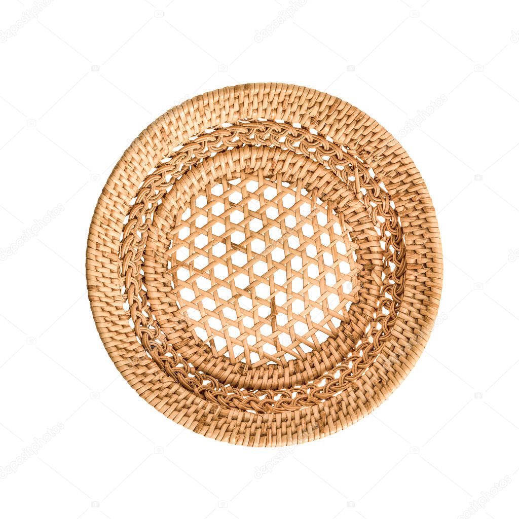 Empty rattan basket isolated on a white background, top view