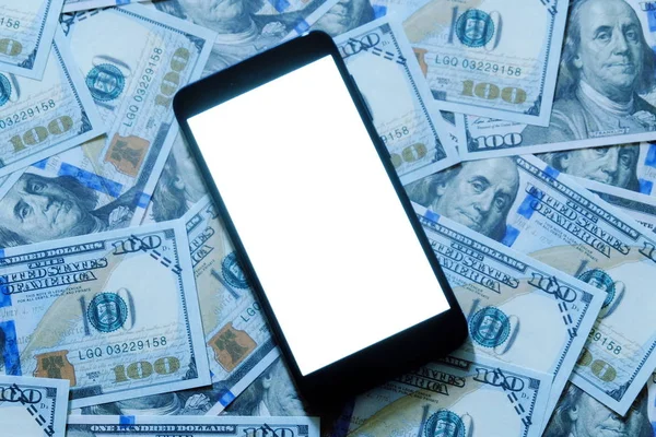 Dolarové Bankovky Nebo Bankovky Smartphone Nebo Mobilní Telefon Bílým Pozadím — Stock fotografie