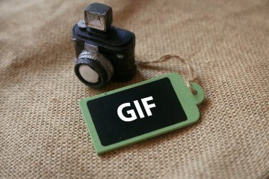Kamera minyatür oyuncağı ve halı arka planında GIF ile yazılmış tahta etiket seçici odak.