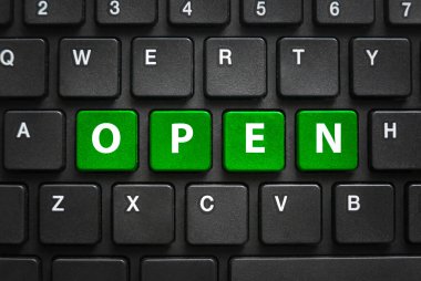 Açık sözcüğüyle yazılmış dört yeşil düğmeli bir klavyenin üst görünümü.