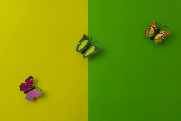 Вид Сверху Игрушечной Бабочки Двух Цветных Фоне Зеленом Желтом — стоковое фото