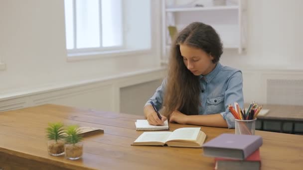 Chica joven con computadora portátil está haciendo la tarea. Educación universitaria. Mujer estudiante está estudiando en casa . — Vídeo de stock