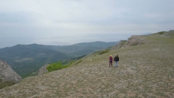 Nadjezdu turistické pár těší nádherný výhled na horách. Letecký dva lidé pár držel ruku pěší venku — Stock video
