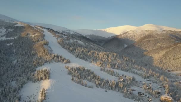 Lot nad wieś w Karpatach. Widok domów pokrytych śniegiem w górach z lotu ptaka. Wiejski krajobraz zimą. Karpackiej wsi w śniegu z wysokości. — Wideo stockowe