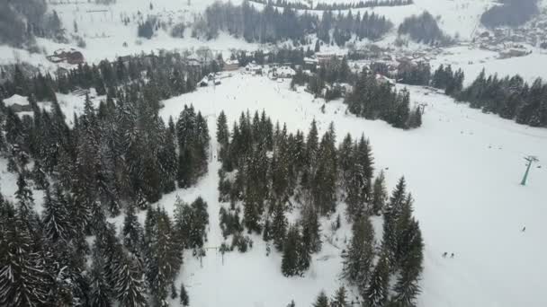 Vlucht over een ski-oord in de Karpaten. Luchtfoto van personen aflopend op ski 's. — Stockvideo