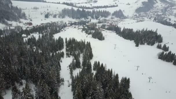 Voo sobre uma estação de esqui nas montanhas dos Cárpatos. Vista aérea de pessoas que descem em esquis . — Vídeo de Stock