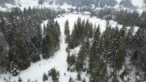 Vuelo sobre una estación de esquí en las montañas Cárpatos. Vista aérea de personas que descienden sobre esquís . — Vídeo de stock