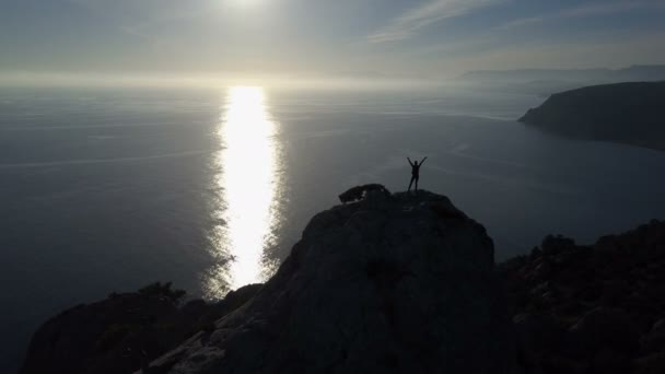 Vol au-dessus d'une jeune femme debout au sommet d'une montagne face à la mer. Dame sur le sommet dans de beaux paysages .