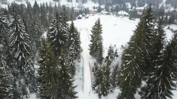 Vlucht over een ski-oord in de Karpaten. Luchtfoto van personen aflopend op ski 's. — Stockvideo