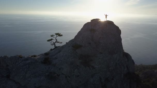 Let nad mladá žena stojící na vrcholu hory s výhledem na moře. Dáma na summitu v nádherné scenérii. — Stock video