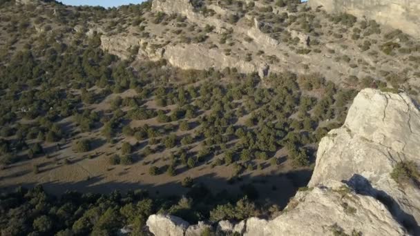 Vuelo sobre una joven mujer bailando en la cima de una montaña sobre el mar. Señora en la cumbre en un hermoso paisaje . — Vídeos de Stock