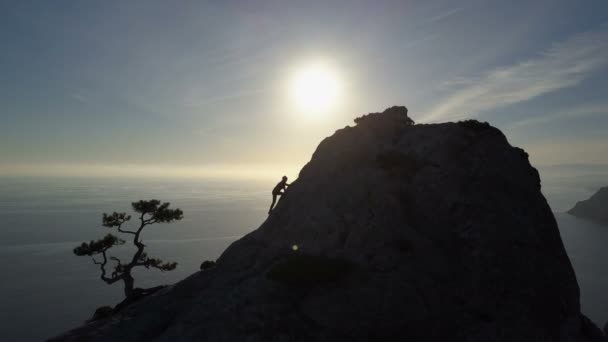 Volo su di una giovane donna in piedi sulla cima di una montagna di fronte al mare. Signora in vetta in uno splendido scenario . — Video Stock