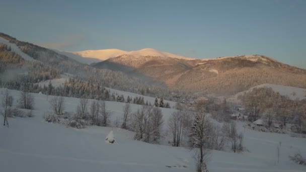 Vlucht over een dorp in de Karpaten. Vogels van het oog uitzicht op besneeuwde huizen in de bergen. Landschap in de winter. Karpaten dorp in de sneeuw vanaf een hoogte. — Stockvideo
