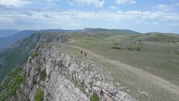 Zwei Mädchen in den Bergen am Rande einer beeindruckenden Klippe auf der Krim — Stockvideo