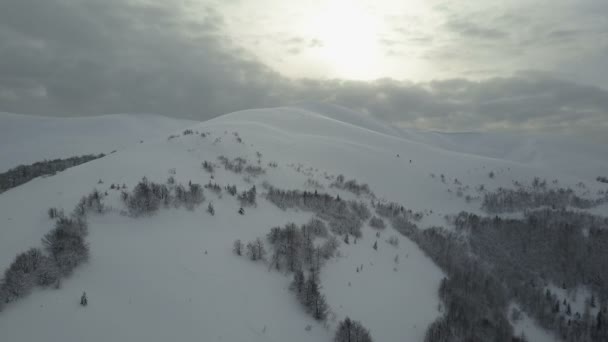 Letecký pohled na zasněžené hory v zimě. — Stock video