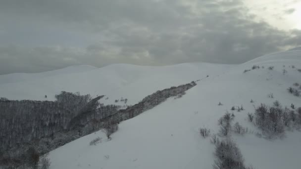 Vista aérea de las montañas cubiertas de nieve en invierno. — Vídeos de Stock