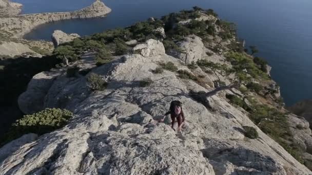 Mujer joven escalando y llegando a la cima de una montaña. Señora en la cumbre en un hermoso paisaje frente a la orilla del mar . — Vídeos de Stock