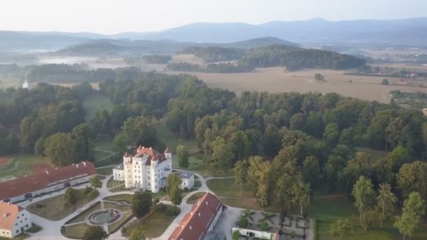 Вид с воздуха на средневековый дворец в Западной Европе, Воянов, Польша — стоковое видео