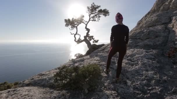 Nahaufnahme einer jungen Frau, die hoch oben in den Bergen über einem Meer spaziert. Dame auf dem Gipfel in wunderschöner Landschaft mit Blick auf das Meer. — Stockvideo