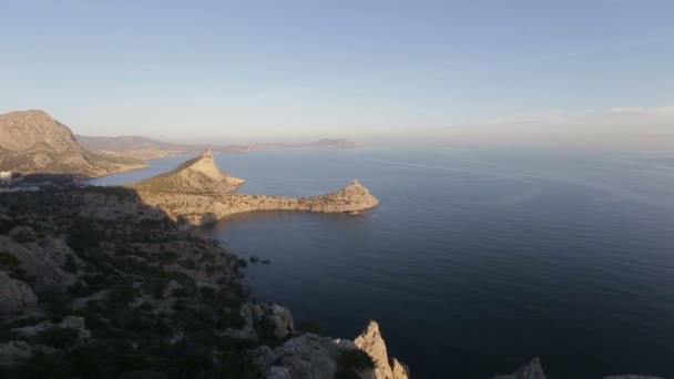 Två hundar högt i bergen bland klipporna en klipporna ovanför Svarta havet. Hundar på en skogsstig i Krim. — Stockvideo