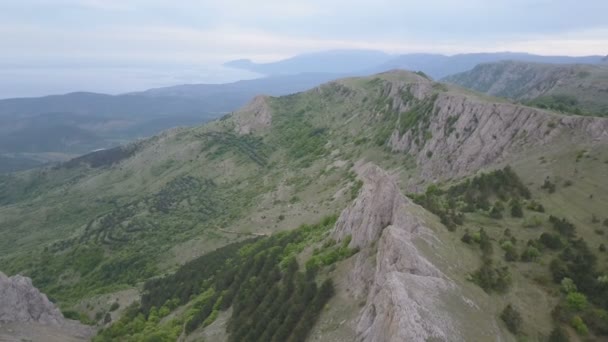 Luftaufnahme von Krimbergen, Felsen und Wäldern. Erstaunliche Felsformationen auf der Krim — Stockvideo