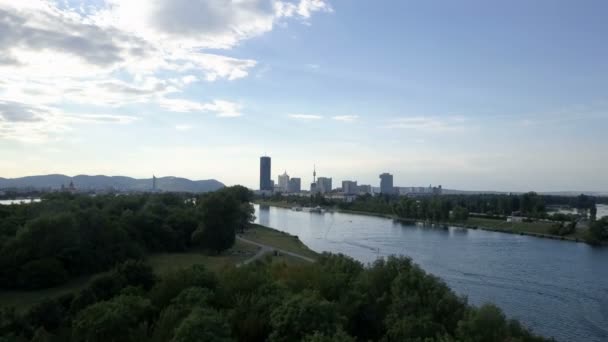 Vienna aerial shot. Flying over danube river over wake park — Stock Video