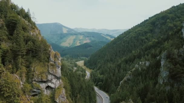 Aerial view of a mountain road in a beautiful deep gorge. Cars move on a mountain road. — Stock Video