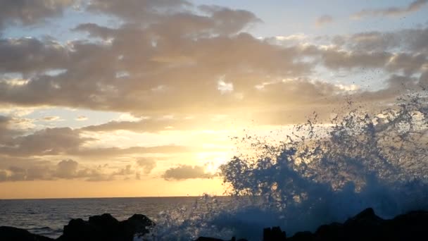 Wellen steigen in der Luft bei schönem Sonnenuntergang auf. Die große Welle kracht auf Felsen und sprüht. Nahaufnahme eines Sprays vor der Kamera. Strahlen untergehender oder aufgehender Sonne Meereswellen an Land aus nächster Nähe. — Stockvideo